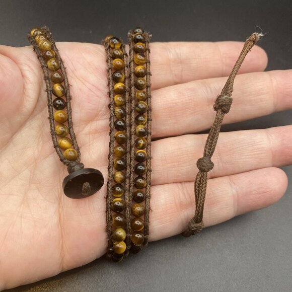 Tiger's Eye Wrap Bracelet Boho Multi Layer 4mm Tribal Beaded 24" Cotton Cord - Picture 2 of 5